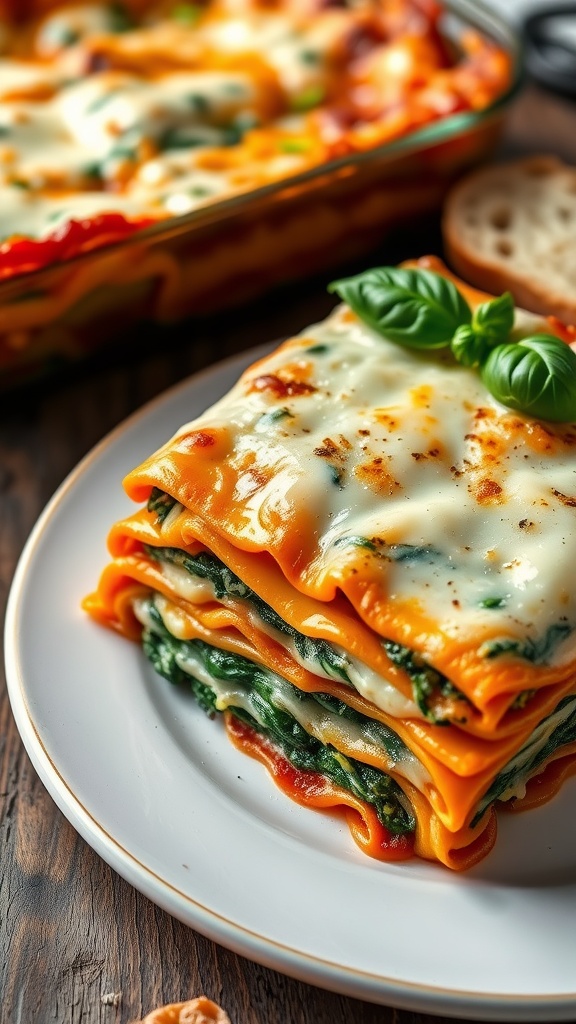 A golden-brown spinach and ricotta lasagna layered with cheese and greens, served with a slice of garlic bread.